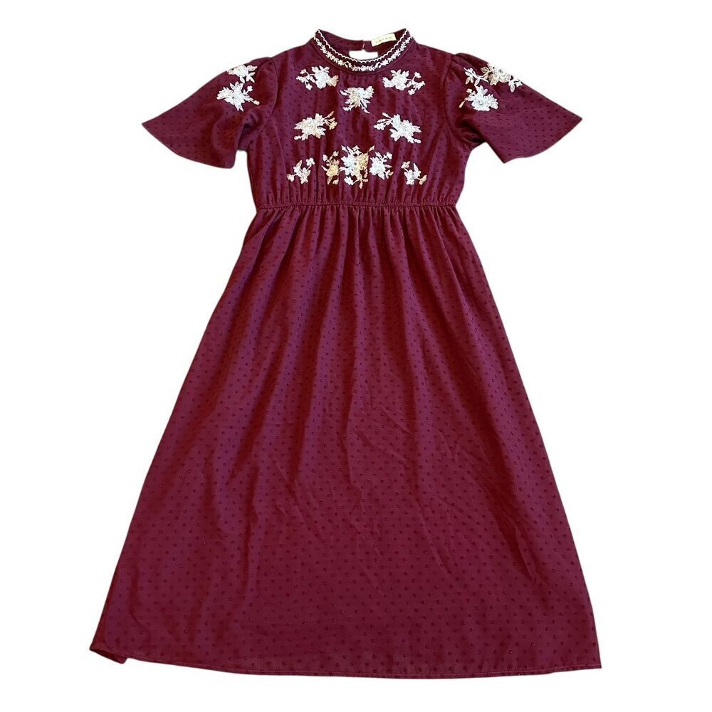 Bohme Burgundy Midi Dress White Embroidered Flowers Bohemian Size Medium Women's